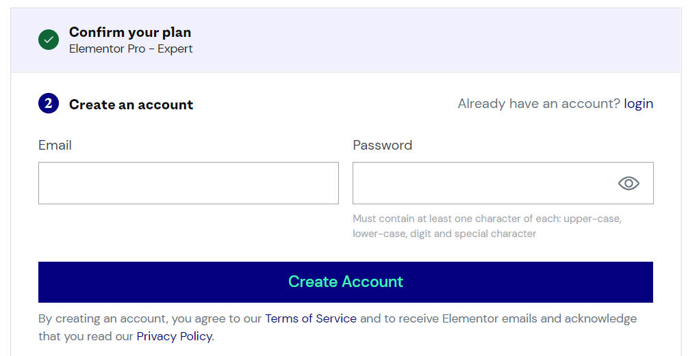 Account Creation Page Of Elementor